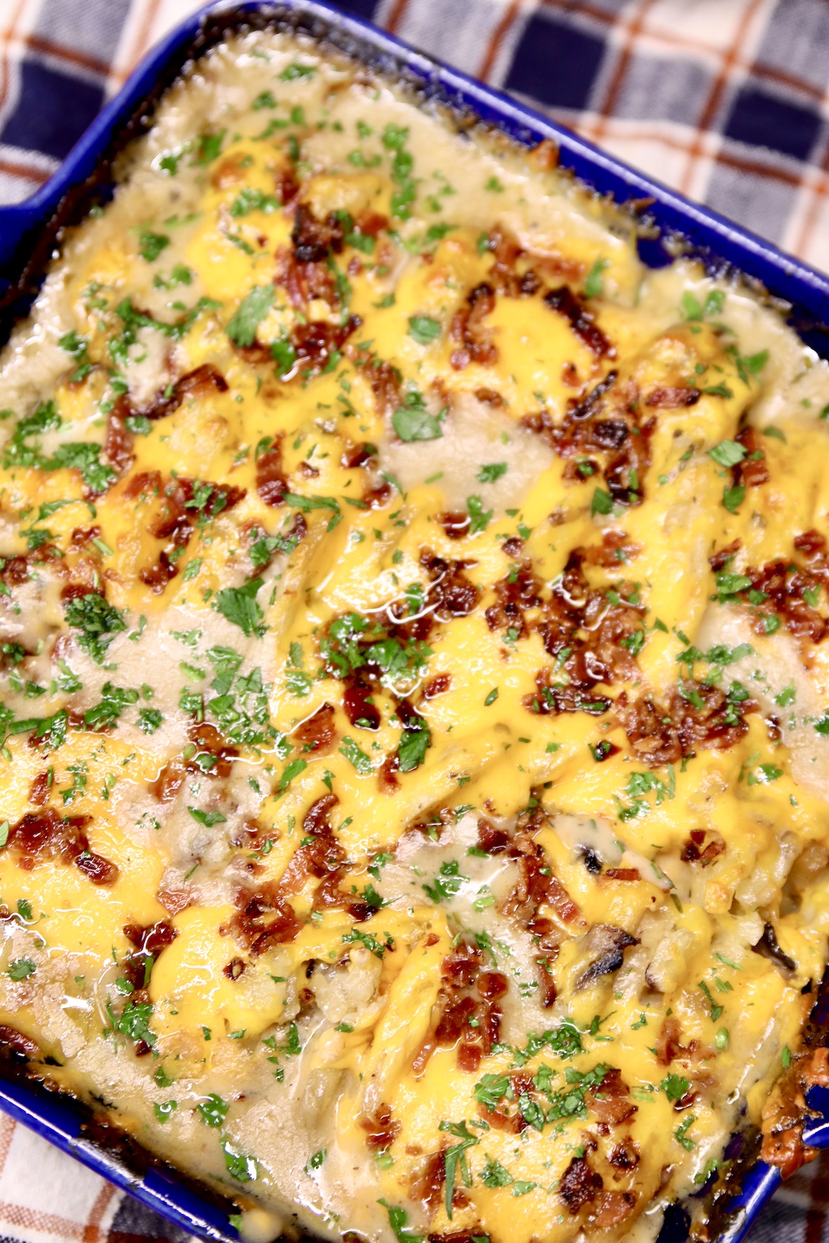 closeup of casserole dish with scalloped potatoes