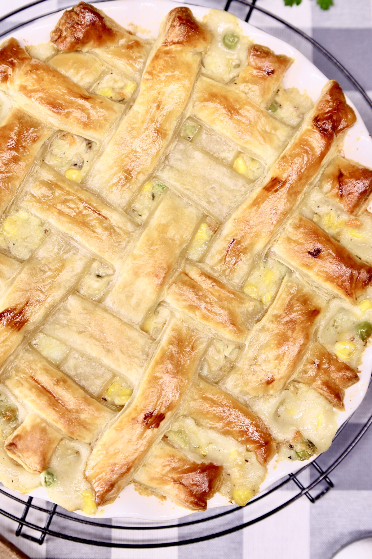 closeup of chicken pot pie with lattice crust