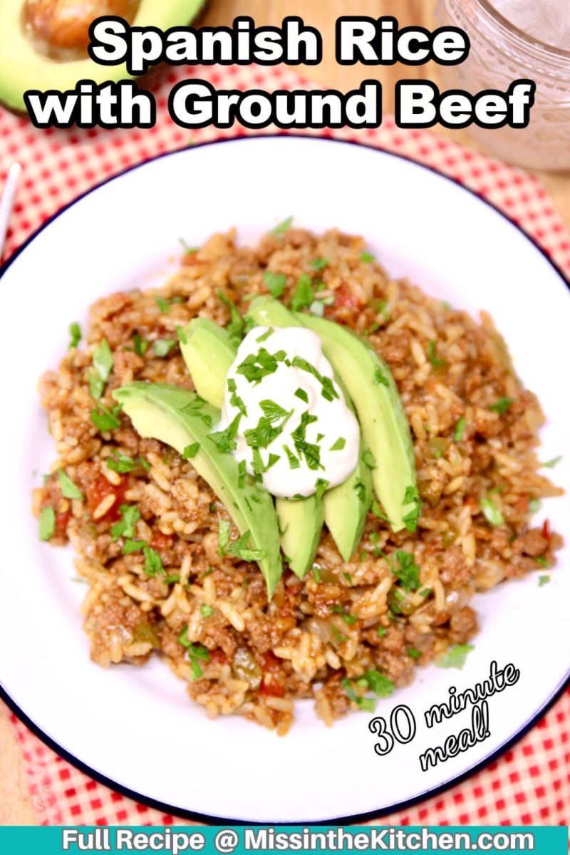 overhead view of plate of Spanish rice with text overlay