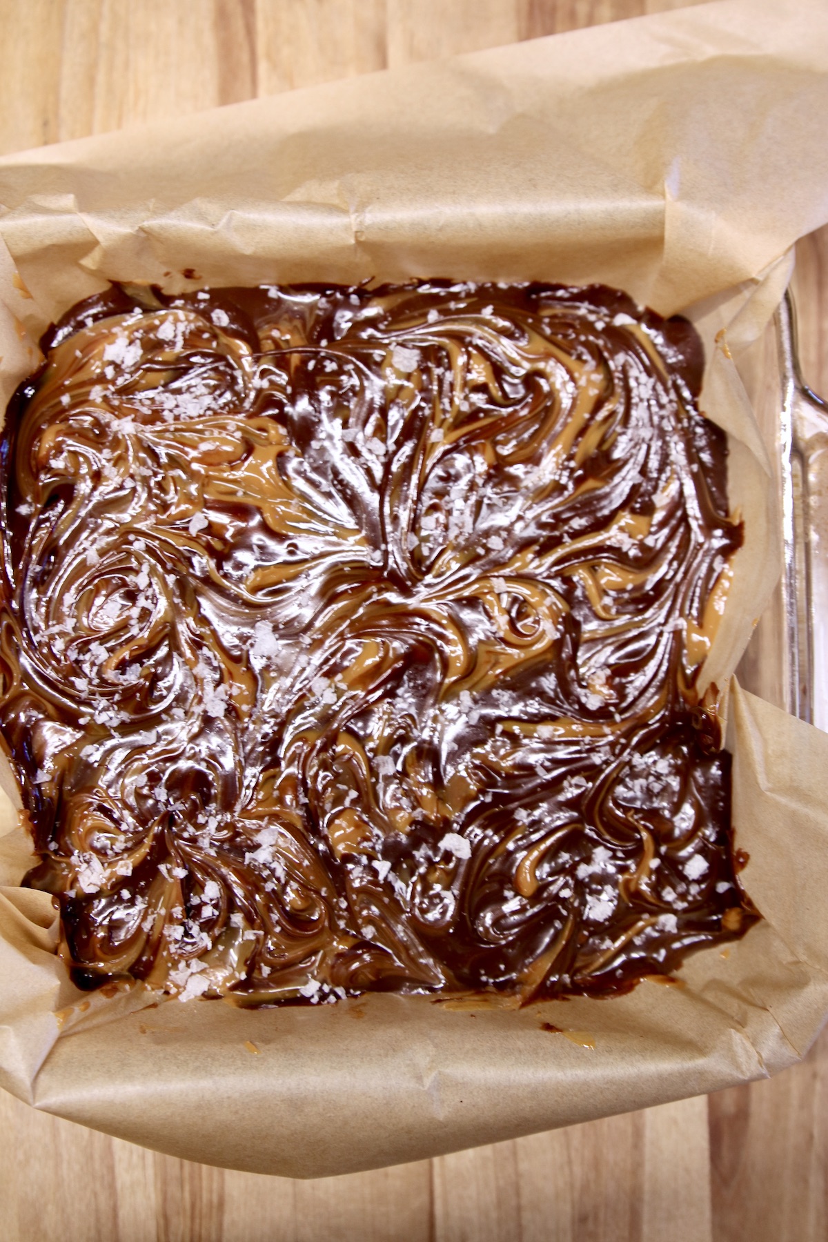 sea salt sprinkled over caramel chocolate fudge