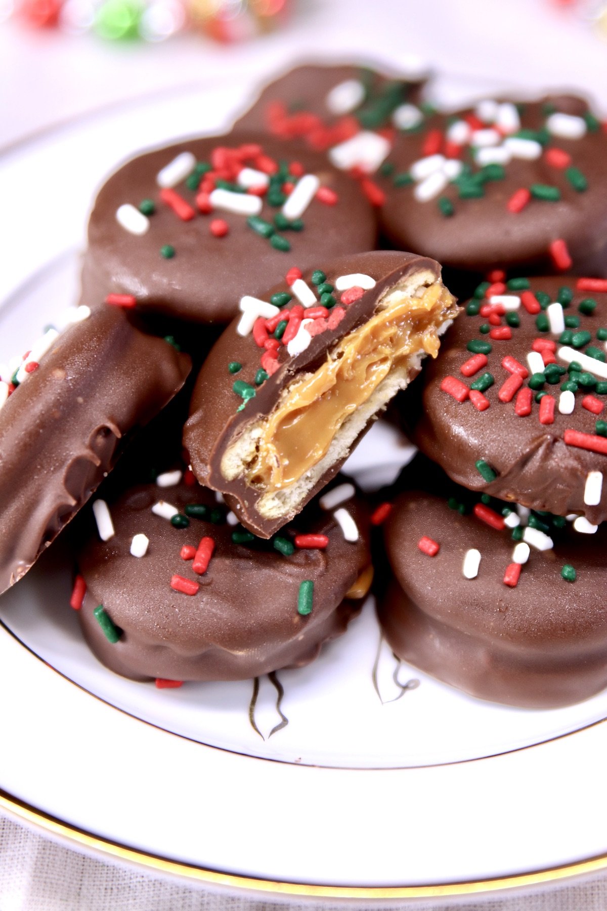 Caramel Ritz Cookies on a plate - one cut in half