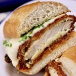 chicken parmesan sandwich cut in half - close up