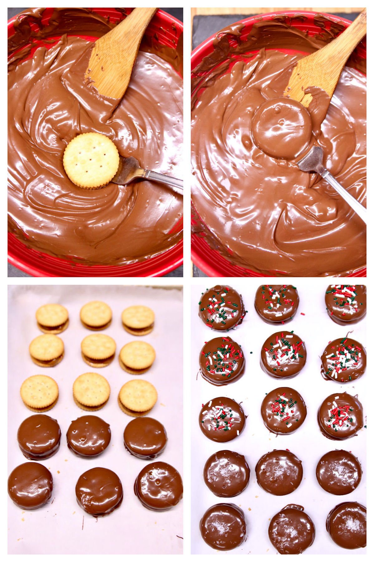 collage dipping ritz cracker sandwiches into chocolate