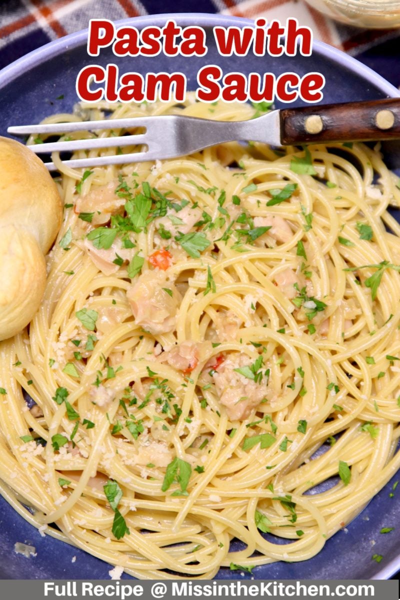 pasta with clam sauce - text overlay