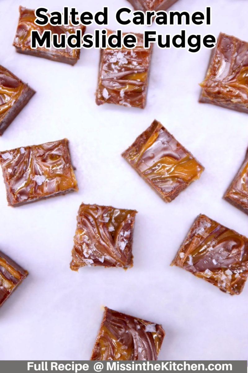 salted caramel mudslide fudge overhead view -text overlay