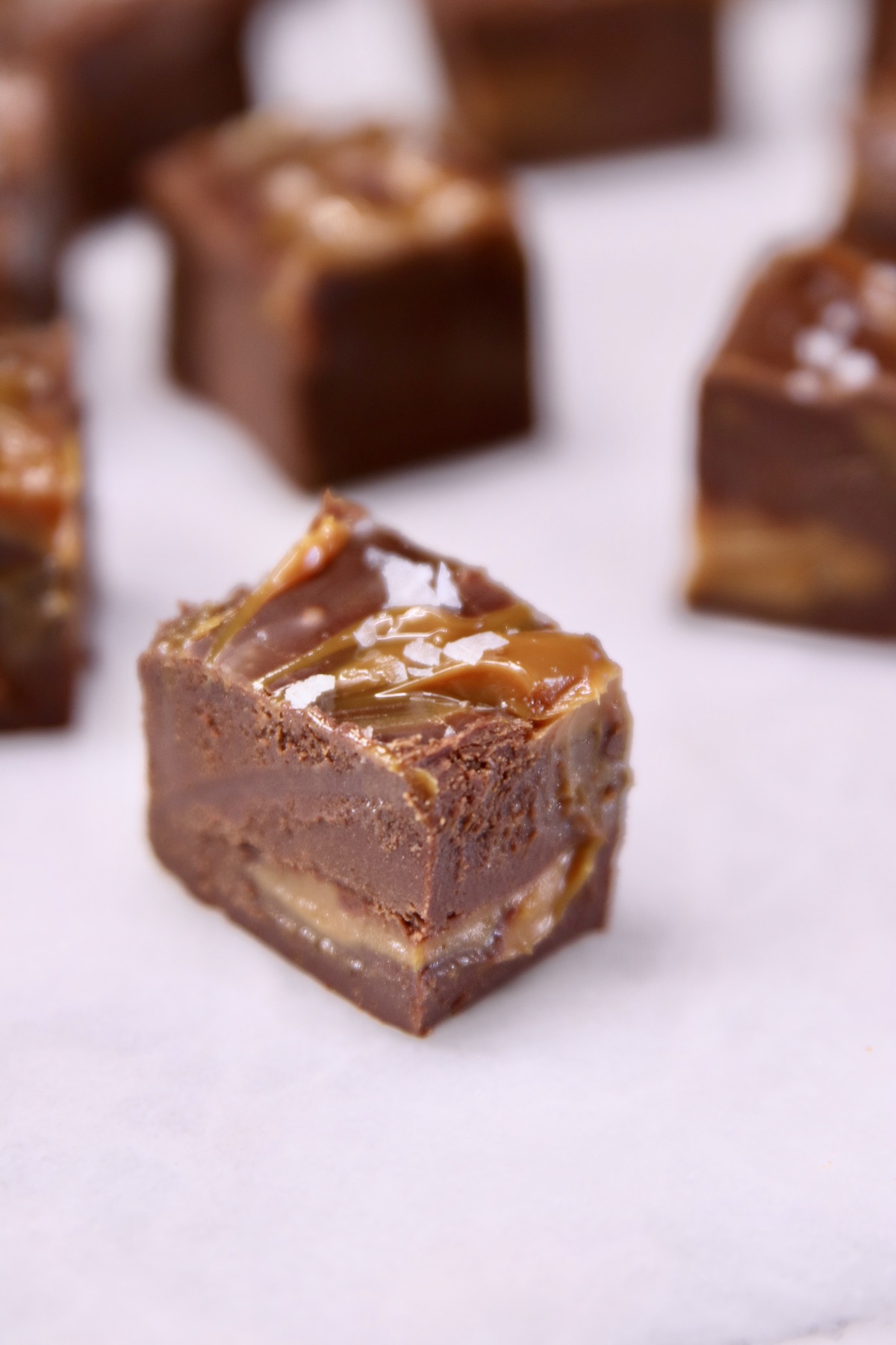 close up of slice of chocolate caramel fudge
