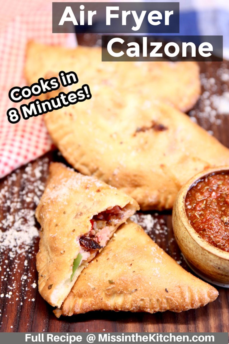 air fryer calzones - text overlay