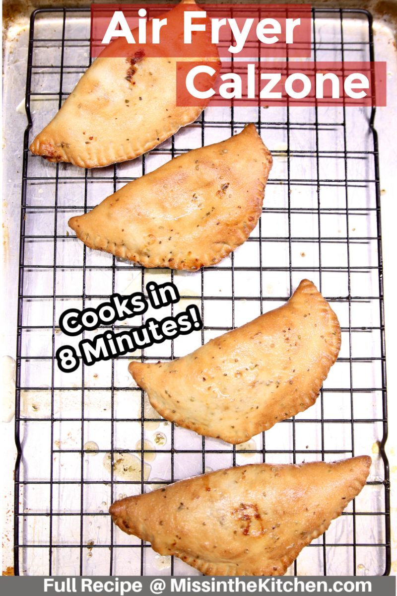 wire rack with calzones - text overlay