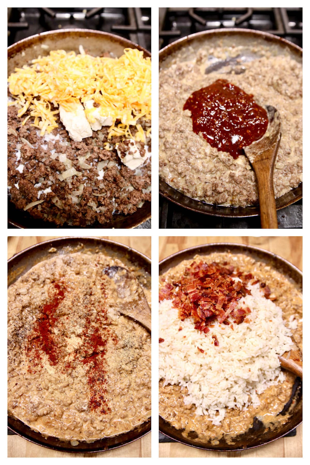 collage making bacon cheeseburger rice.