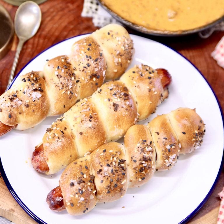 plate of 3 pretzel dogs