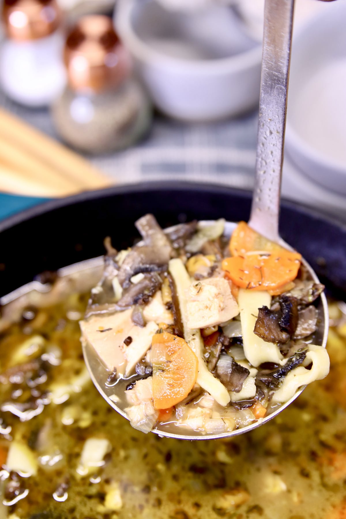 Ladle filled with chicken mushroom noodle soup.