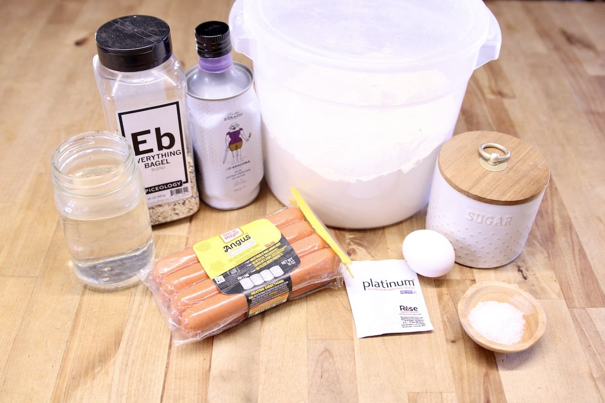 ingredients for pretzel dogs with homemade pretzel dough.