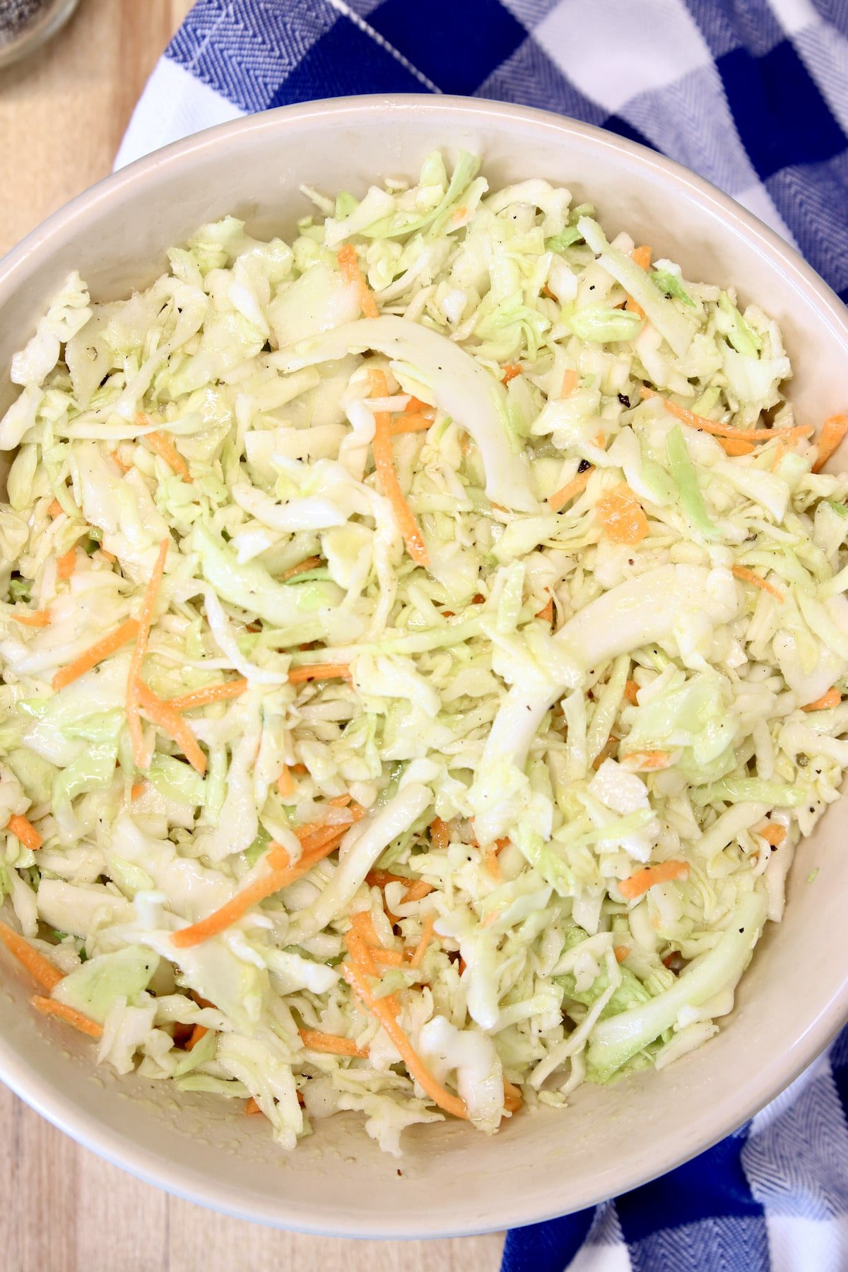 No Mayo Coleslaw in a bowl, close up.