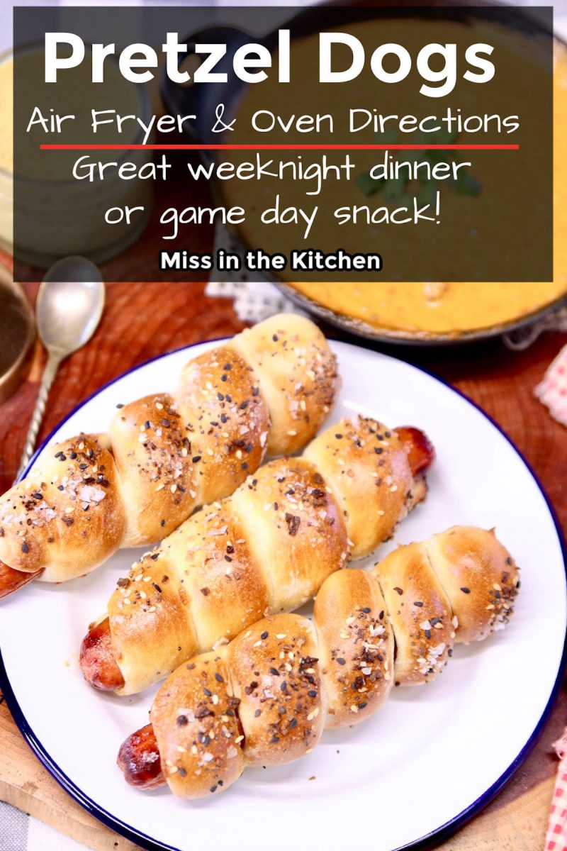 3 pretzel dogs on a plate - text header for pinterest.