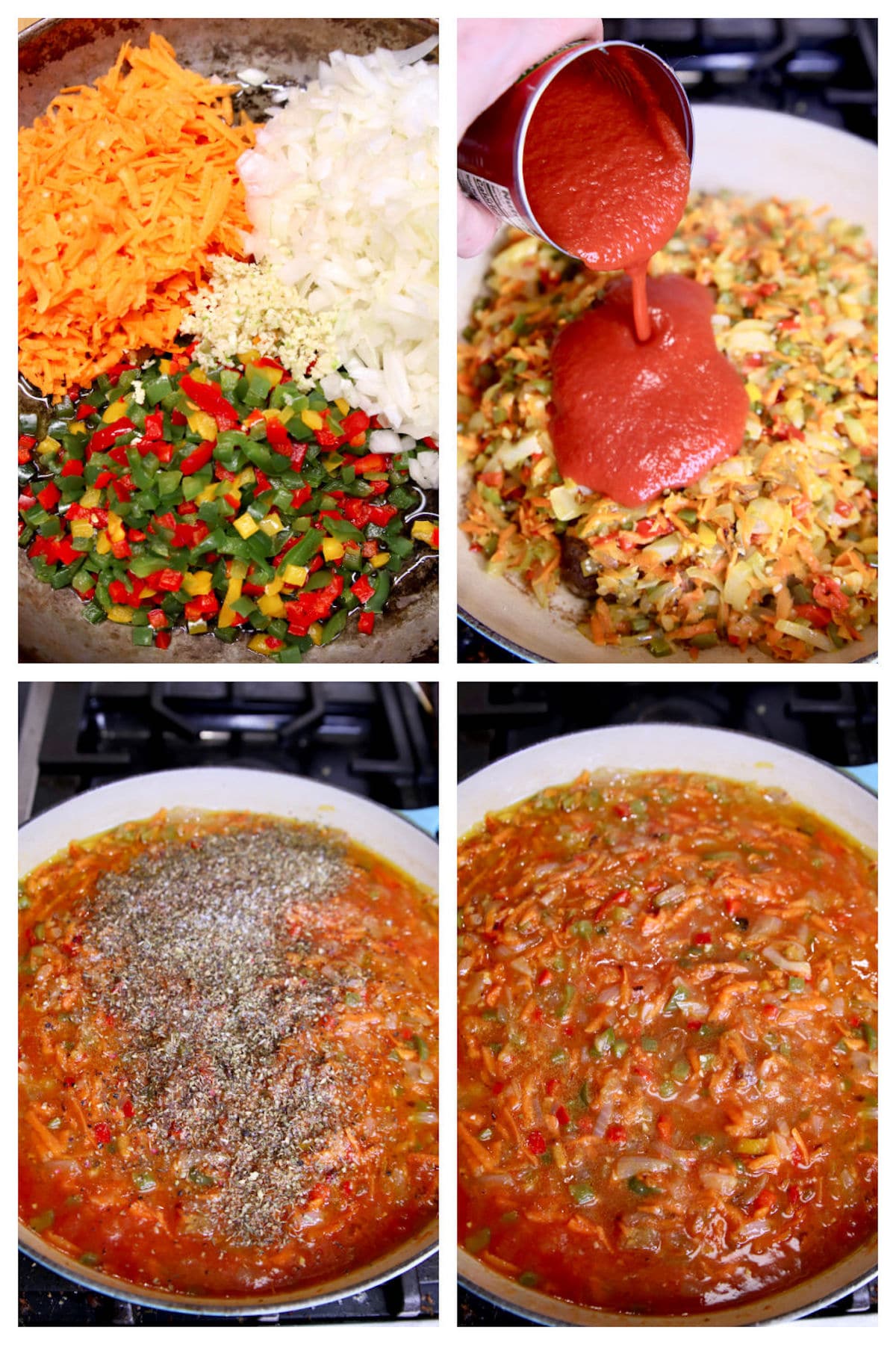 Collage making vegetables with tomato sauce for Swiss steak.
