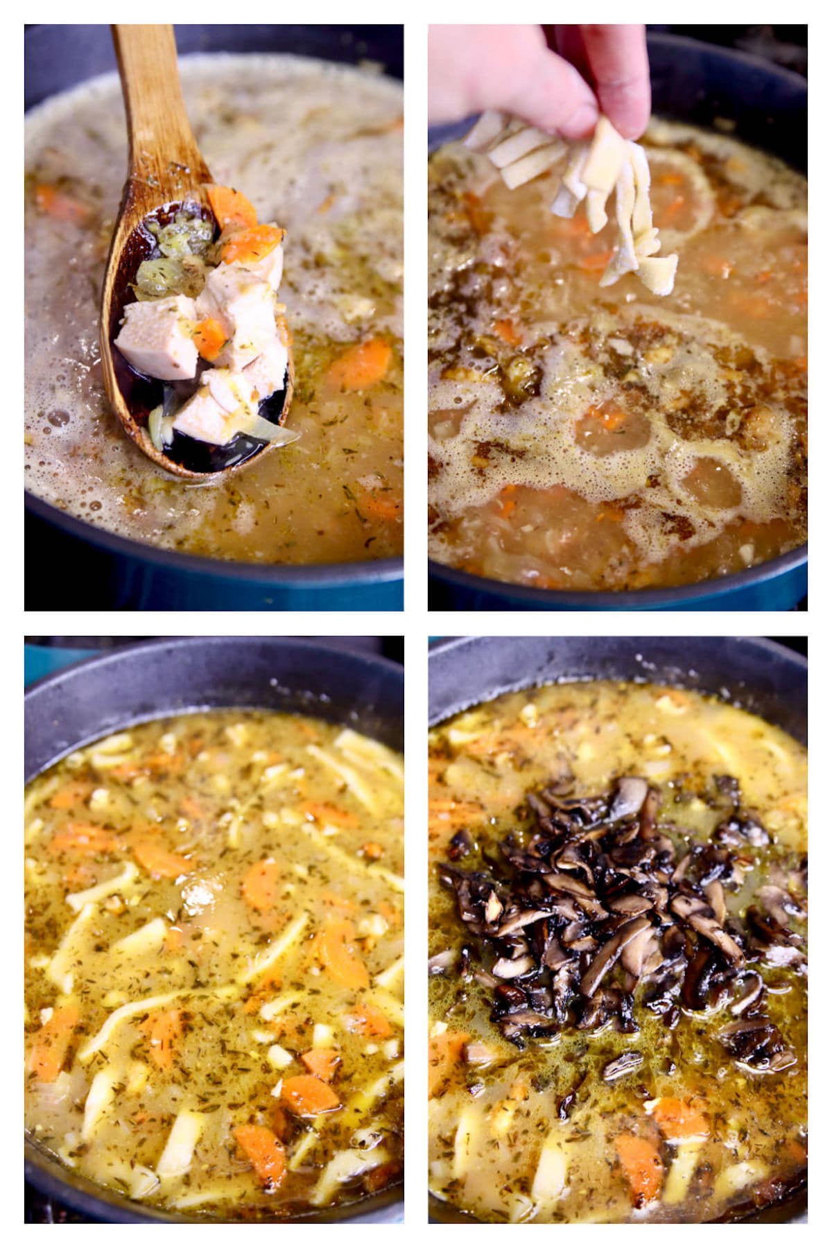 collage adding chicken, noodles to soup, cooking, adding mushrooms.