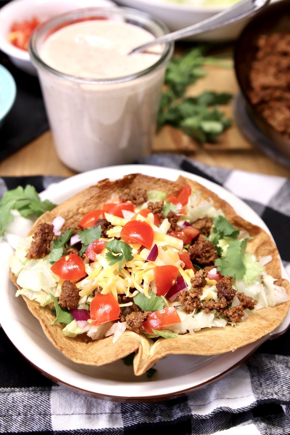 Taco salad in a flour tortilla bowl.