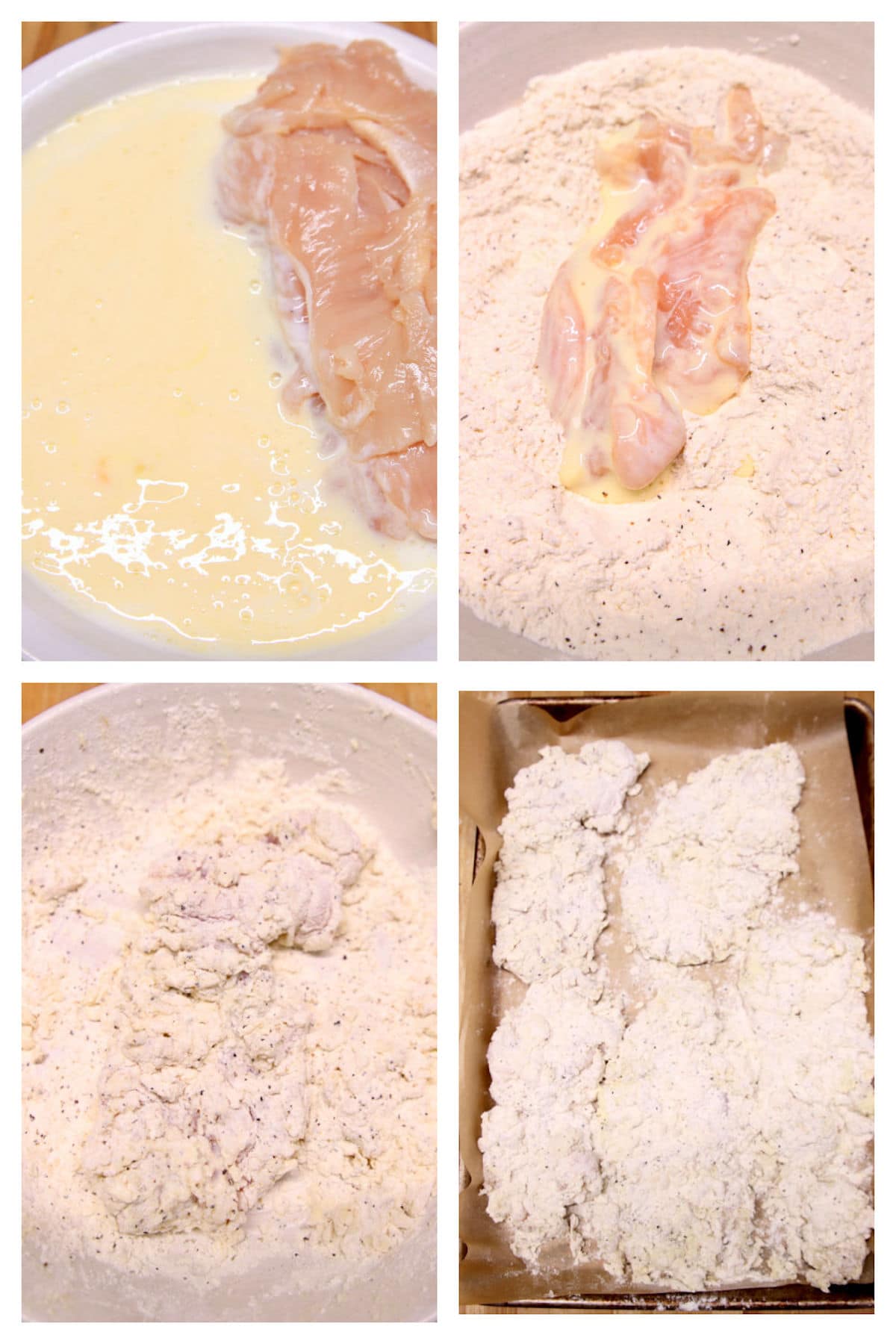Breading station for chicken tenders.
