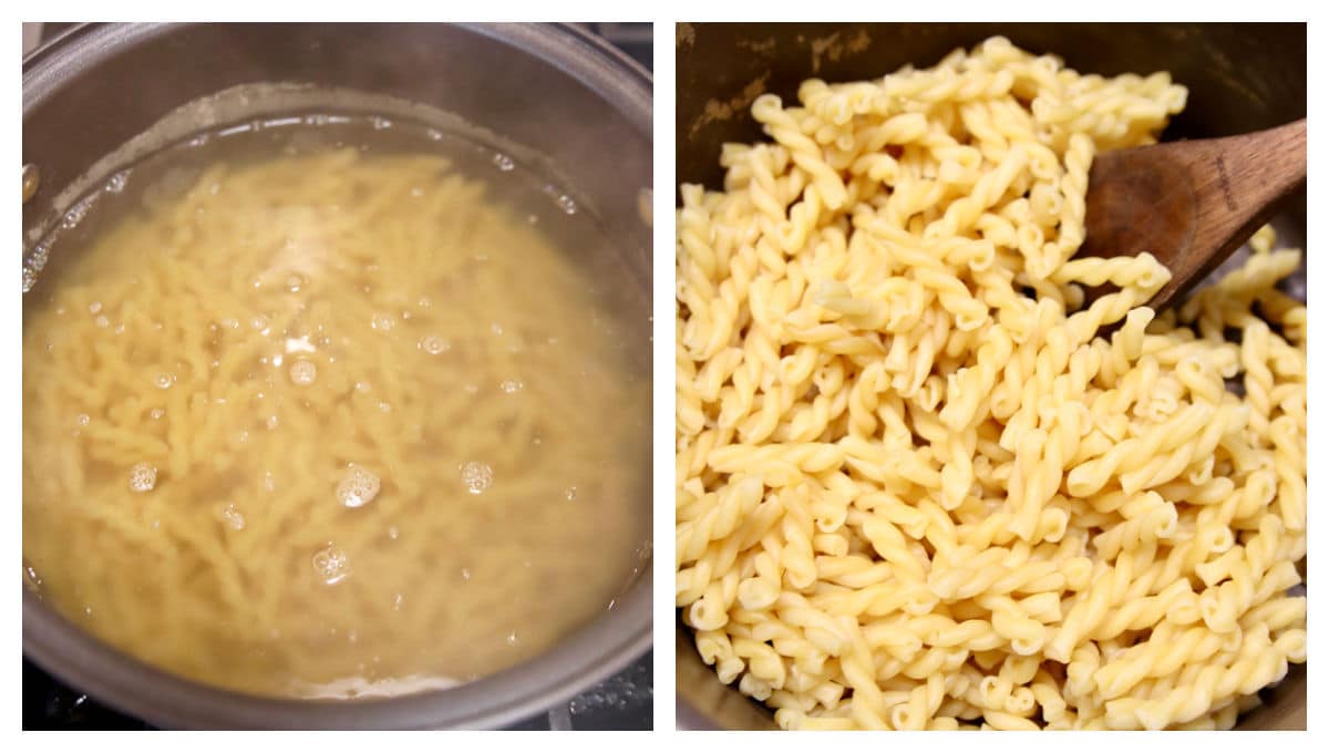 collage boiling pasta, draining in collander.