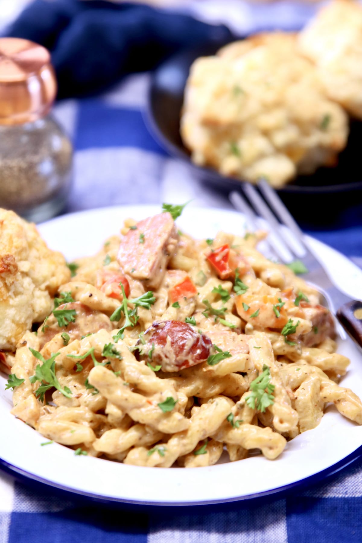 plate of pasta with smoked sausage.