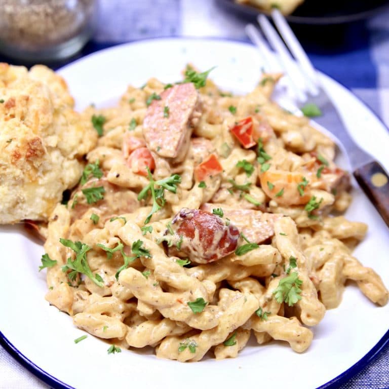 plate of pasta with creamy sauce and smoked sausage.