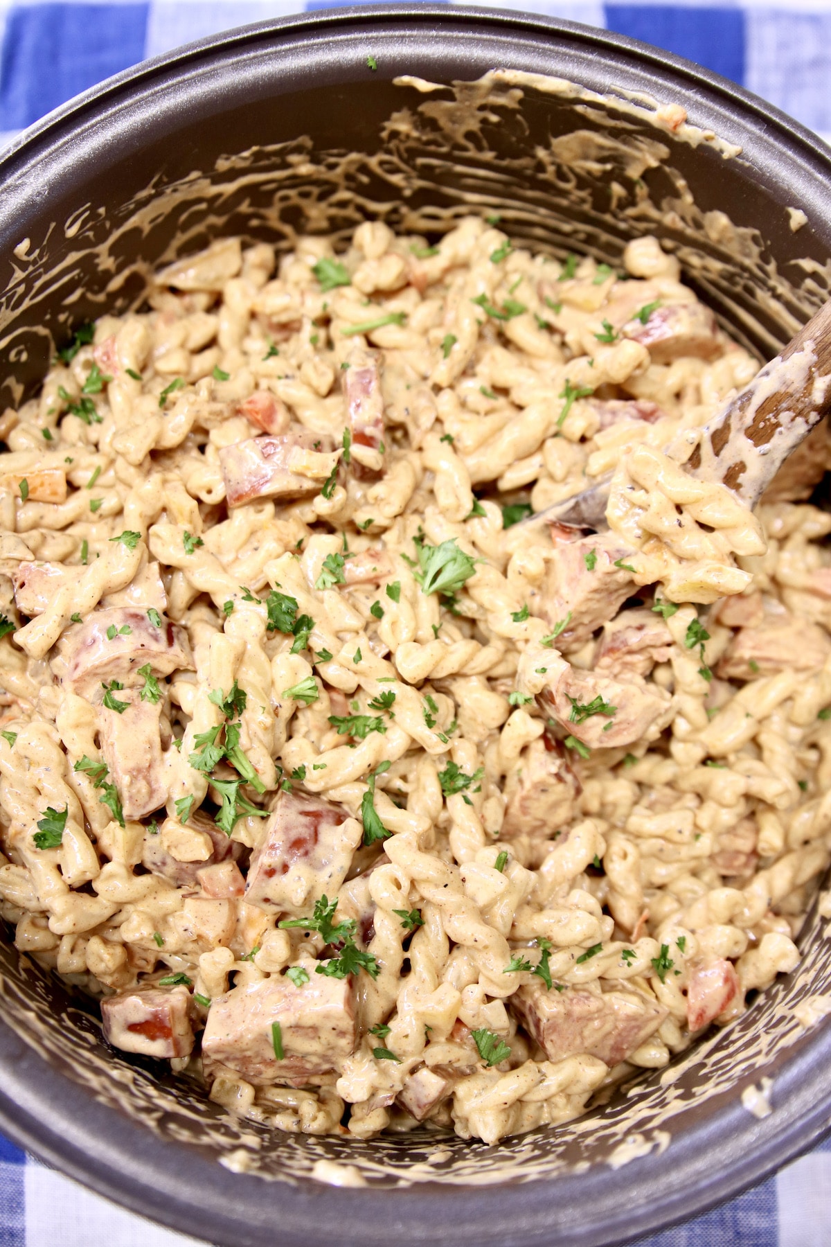 pan of Cajun smoked sausage pasta. 