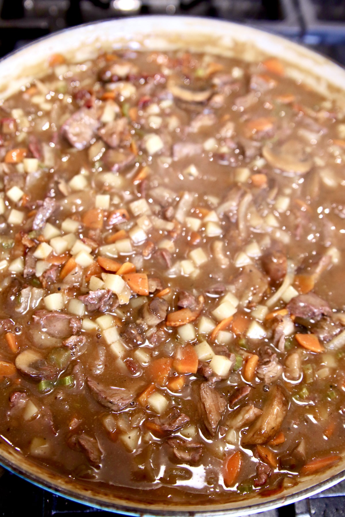 Steak Pot Pie Filling in a pan.