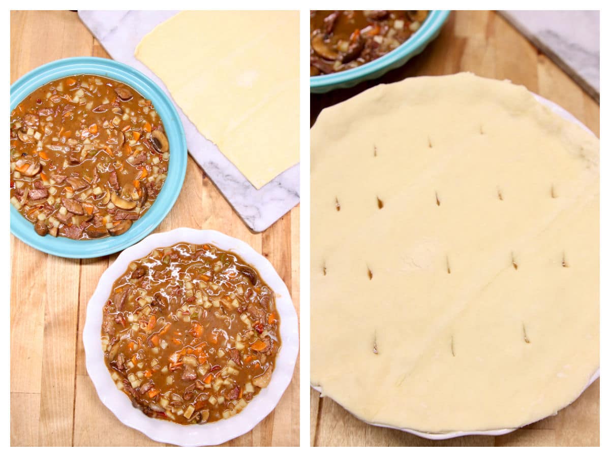 Collage 2 pie plates with steak pot pie filling, puff pastry crust.