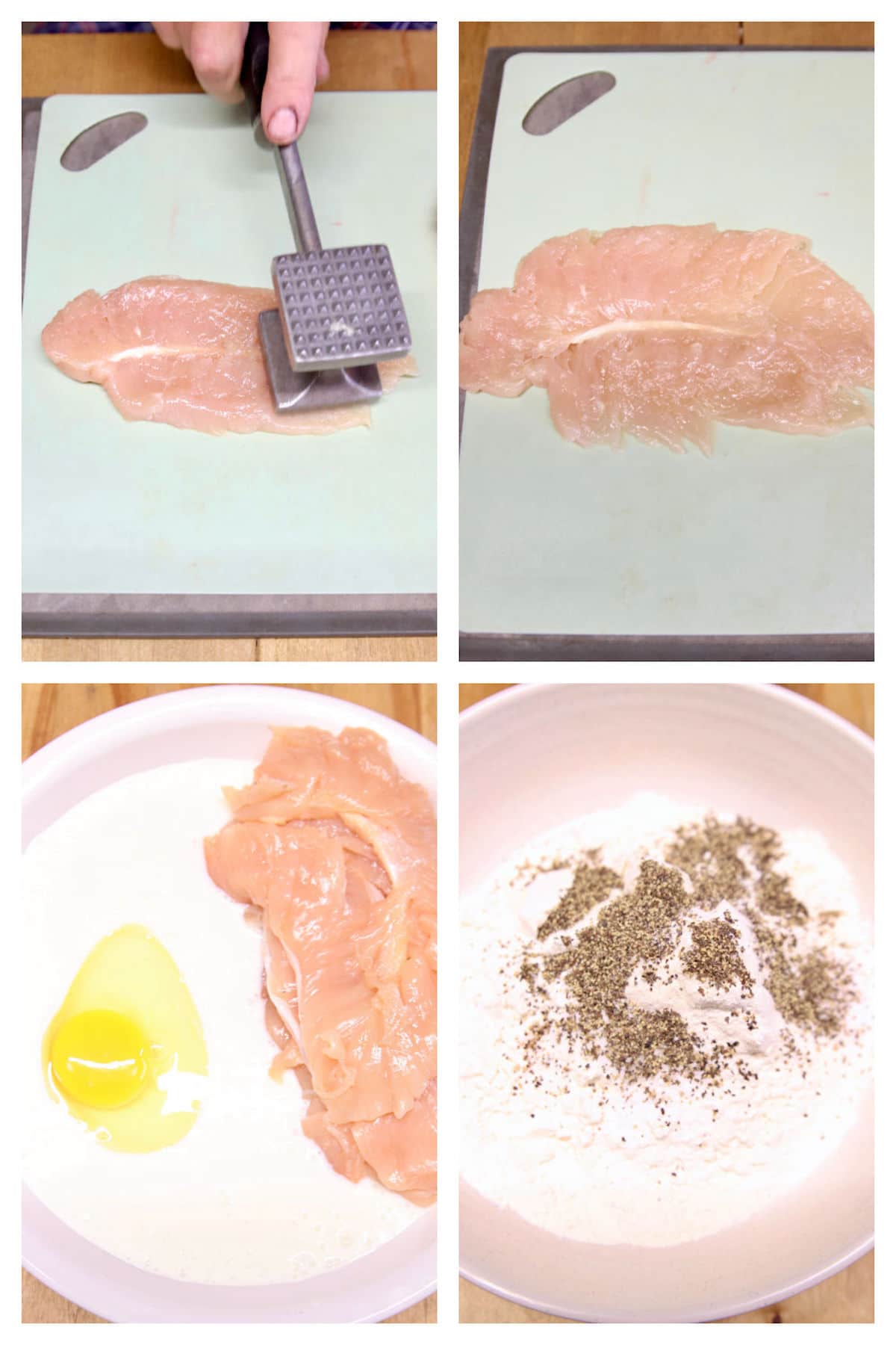collage pounding chicken tenders and making breading station.