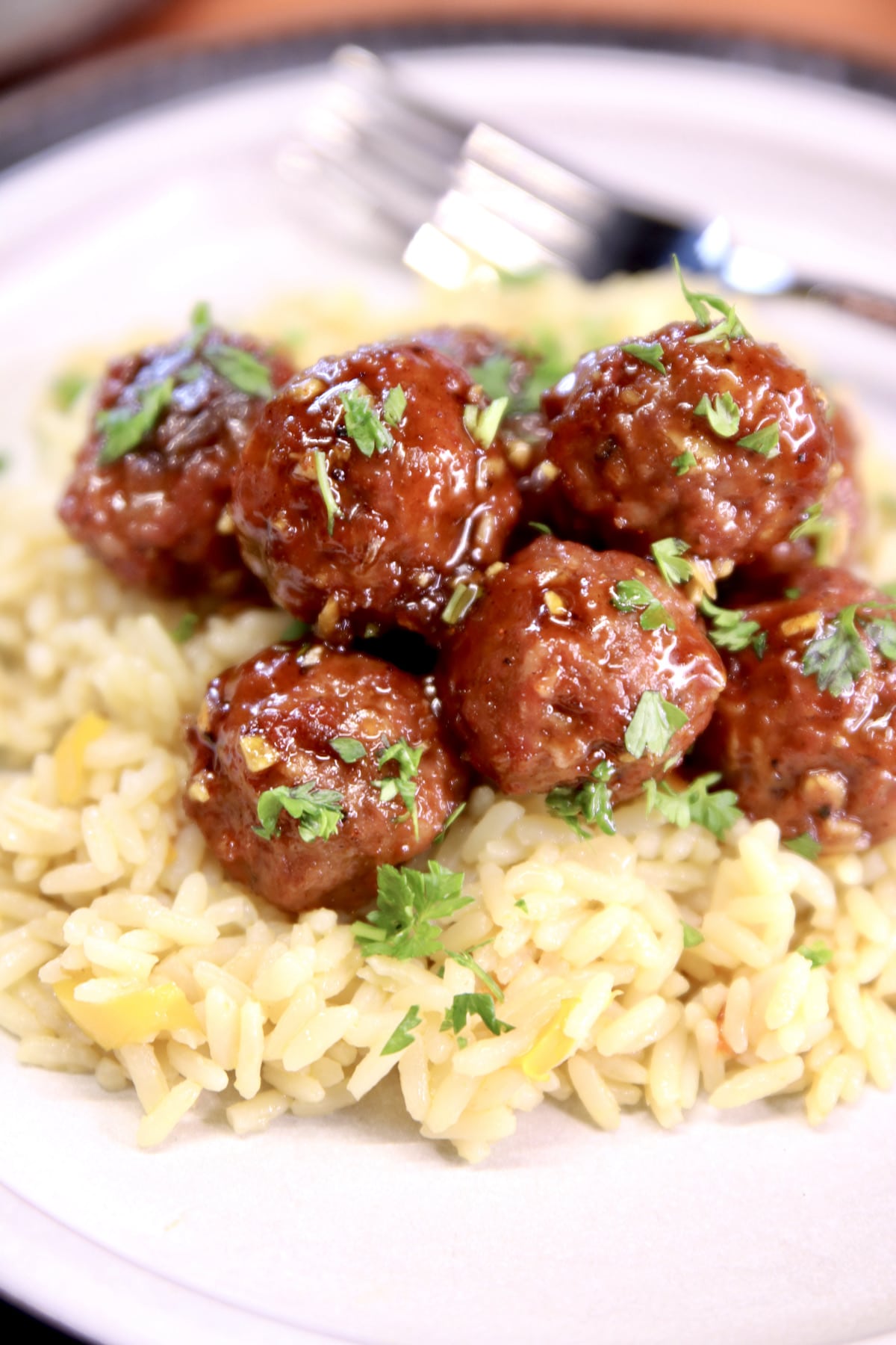 Honey Garlic Meatballs over rice.