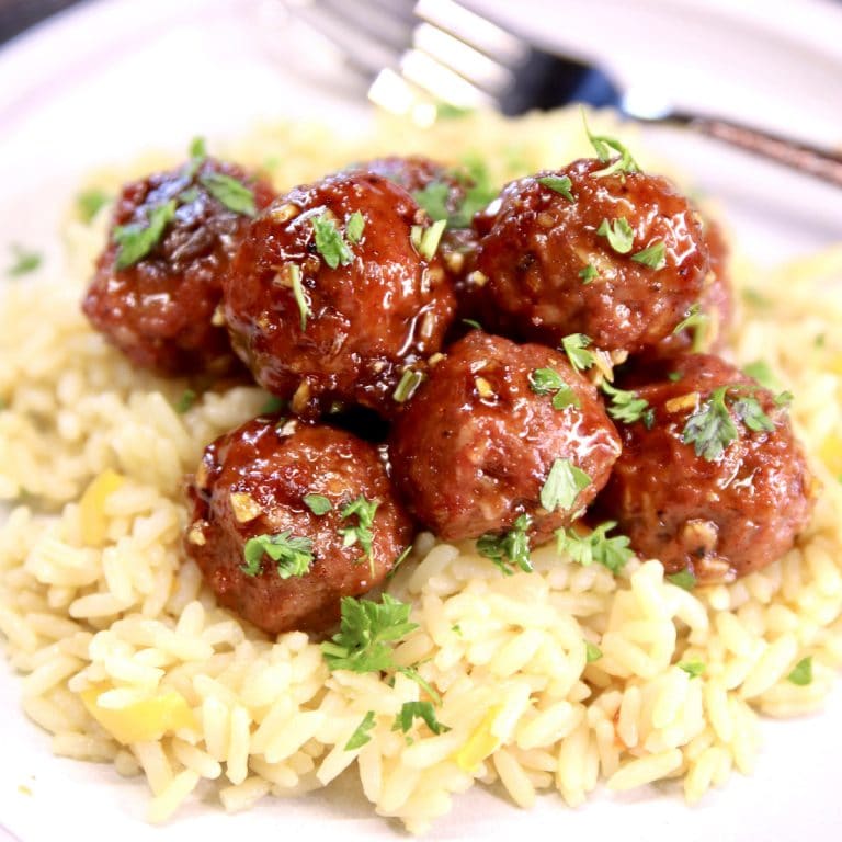 Honey Garlic Meatballs over rice