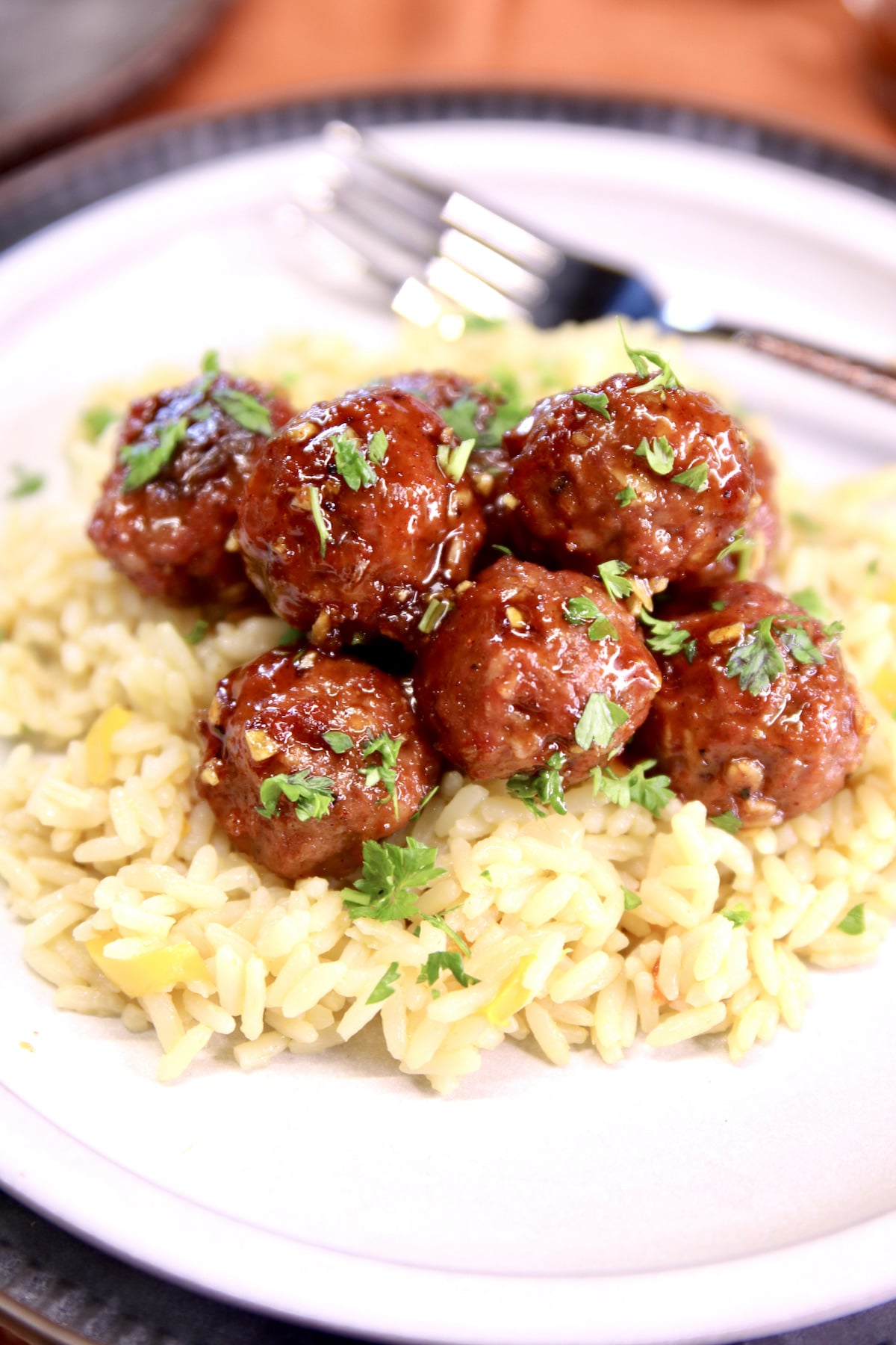 Honey Garlic Meatballs over rice.