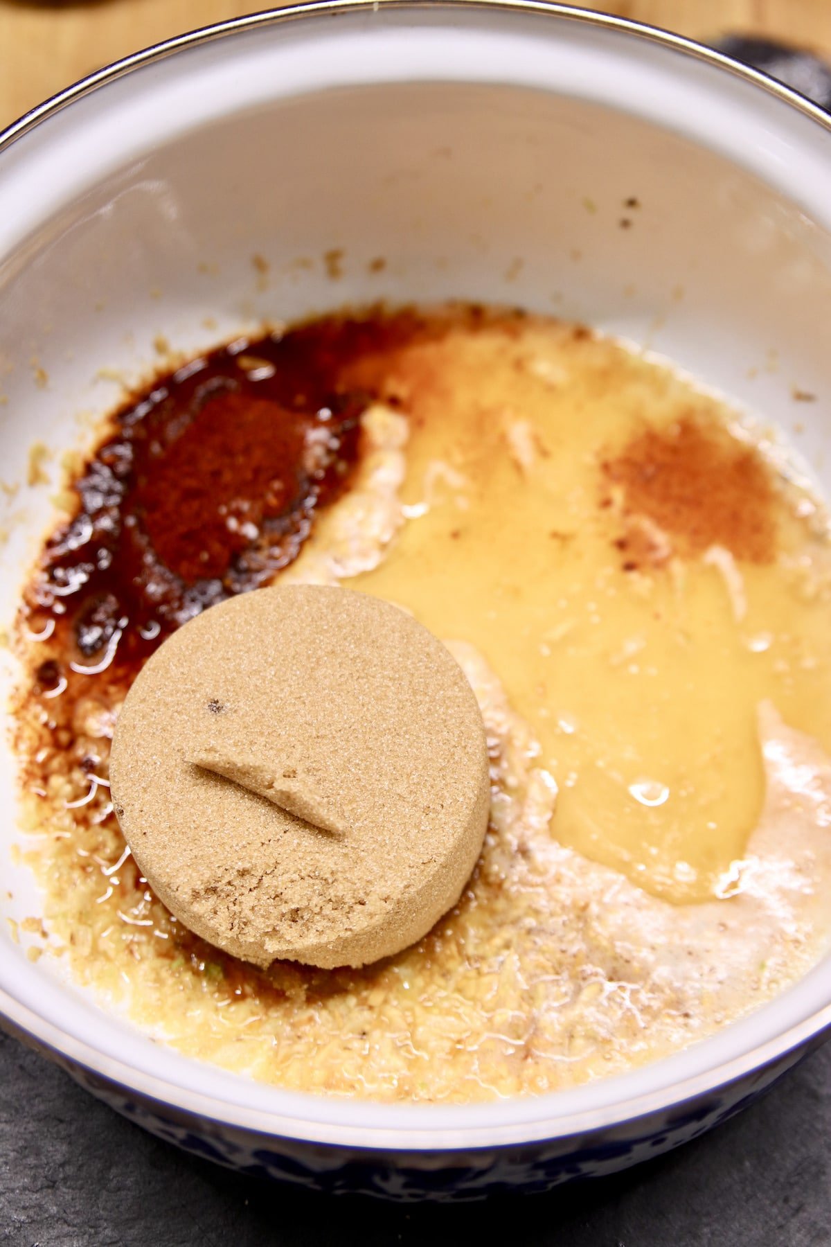 brown sugar and honey in garlic butter with spices.