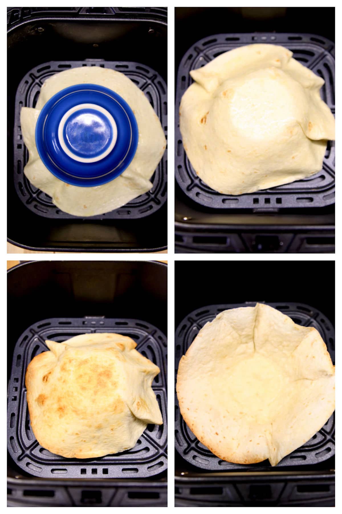 collage making flour tortilla bowl in air fryer.