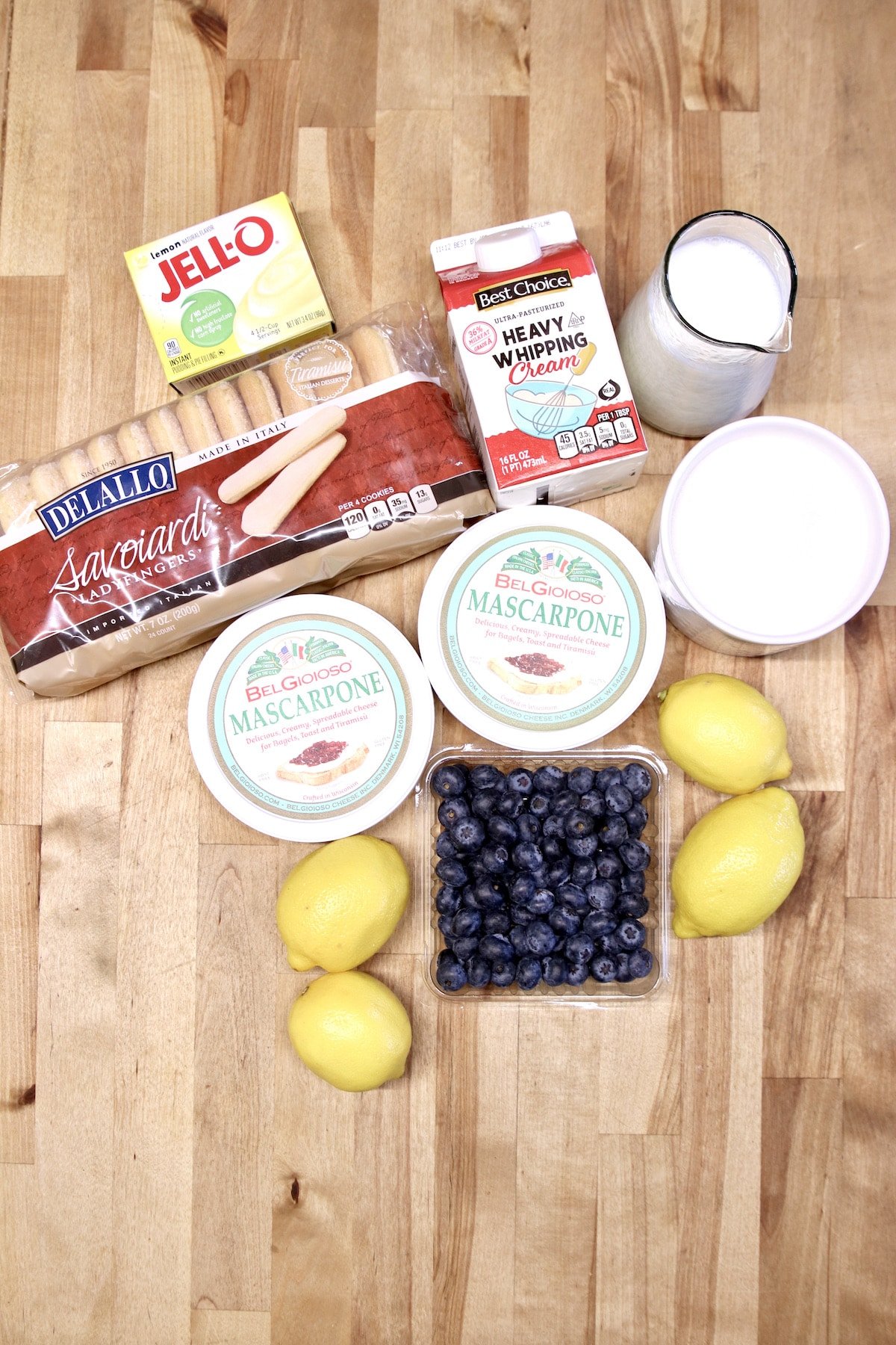 ingredients for lemon blueberry tiramisu.