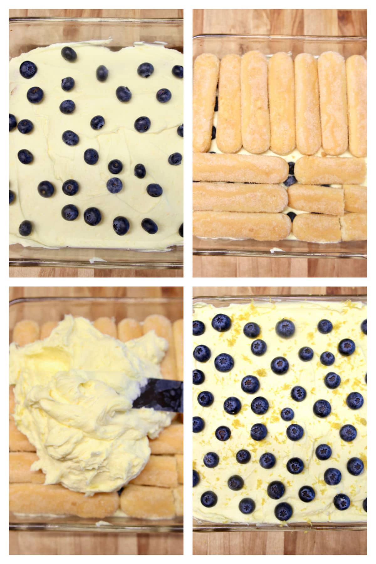 layering lemon filling, blueberries and ladyfingers for no bake dessert.