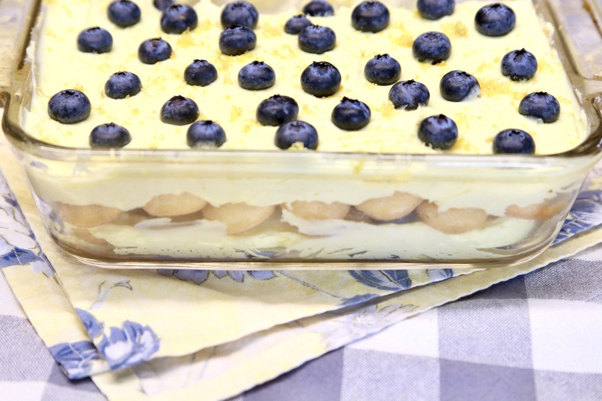 Lemon Blueberry Tiramisu in a baking dish.