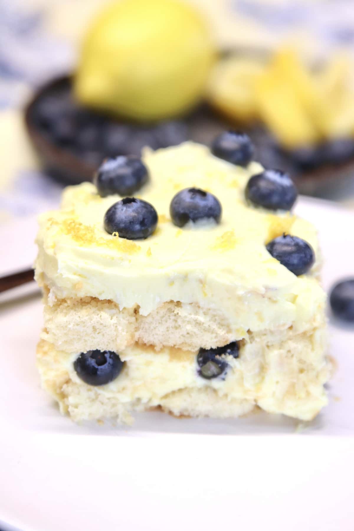 Lemon Blueberry No bake dessert on a plate.