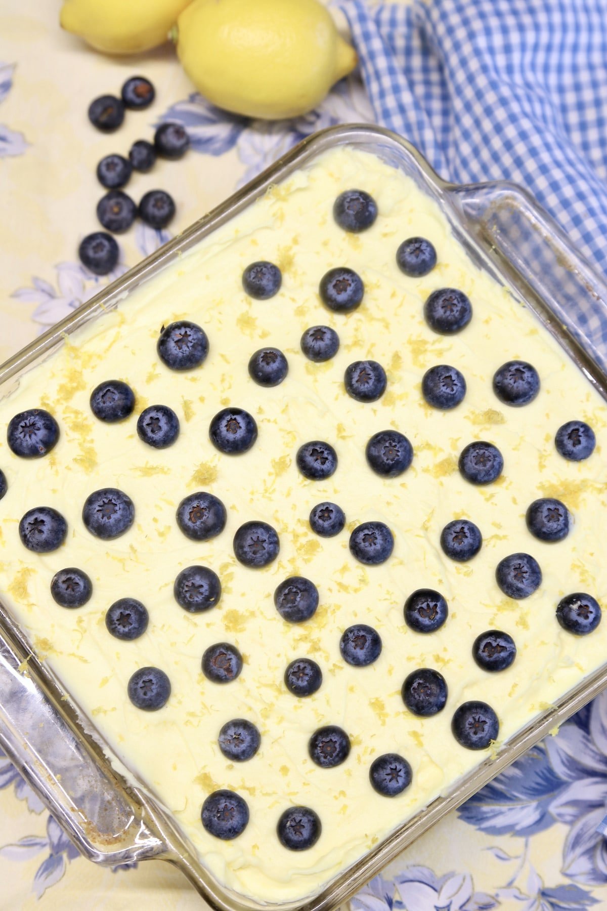 overhead view of dish of lemon blueberry dessert.