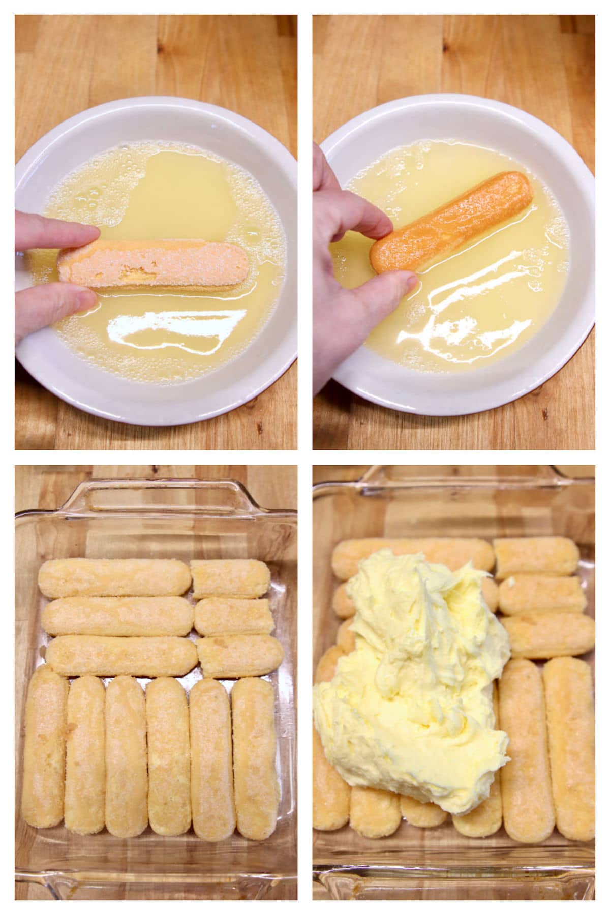 making tiramisu with lemon juice and ladyfingers.