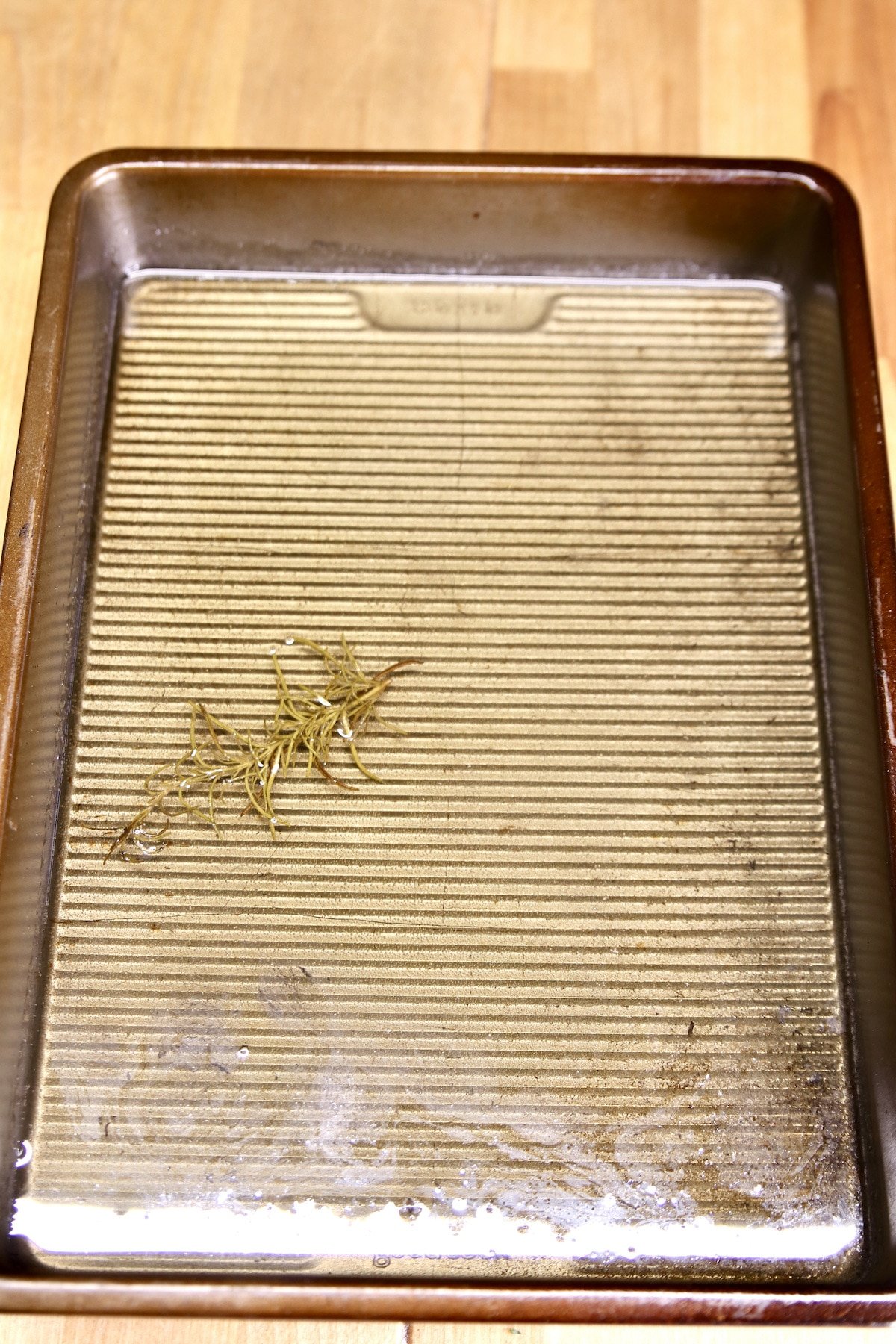 Smoked simple syrup in a cake pan.