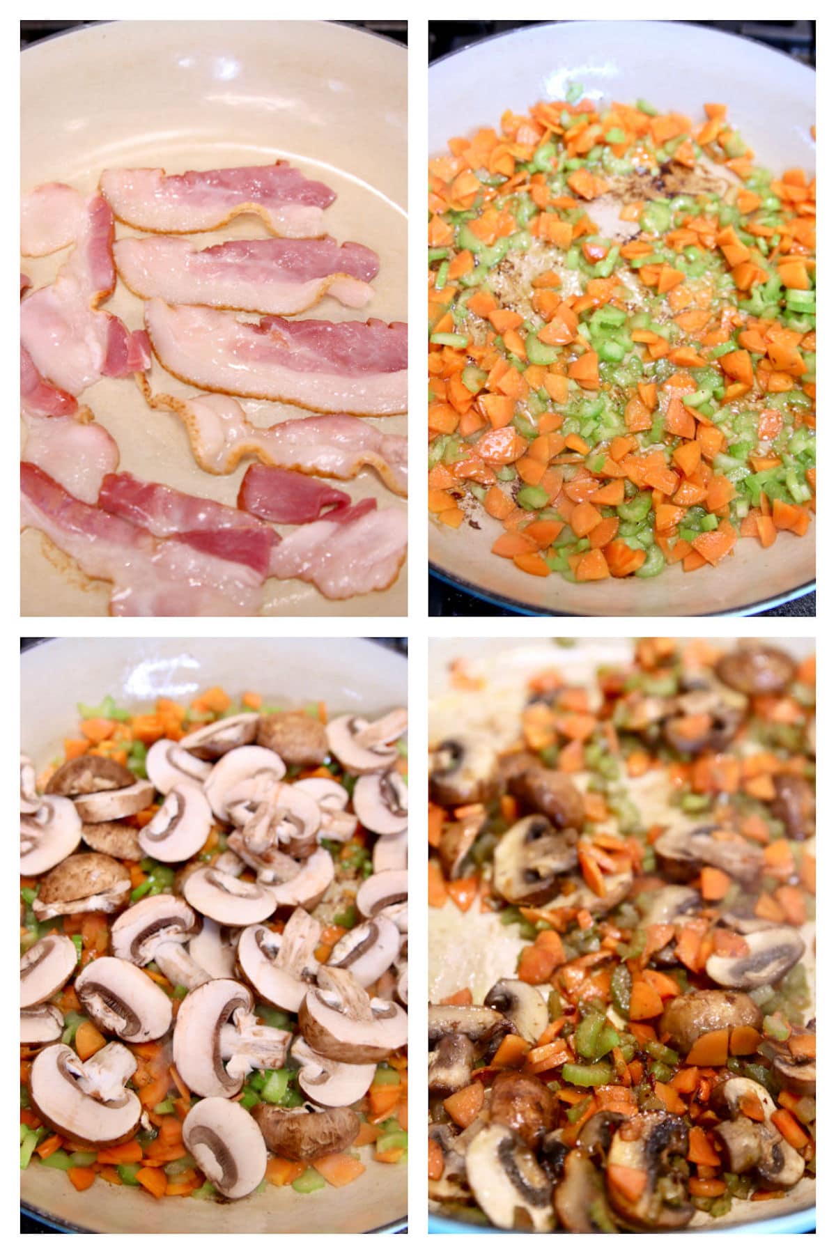 collage frying bacon, cooking vegetables for pot pie.