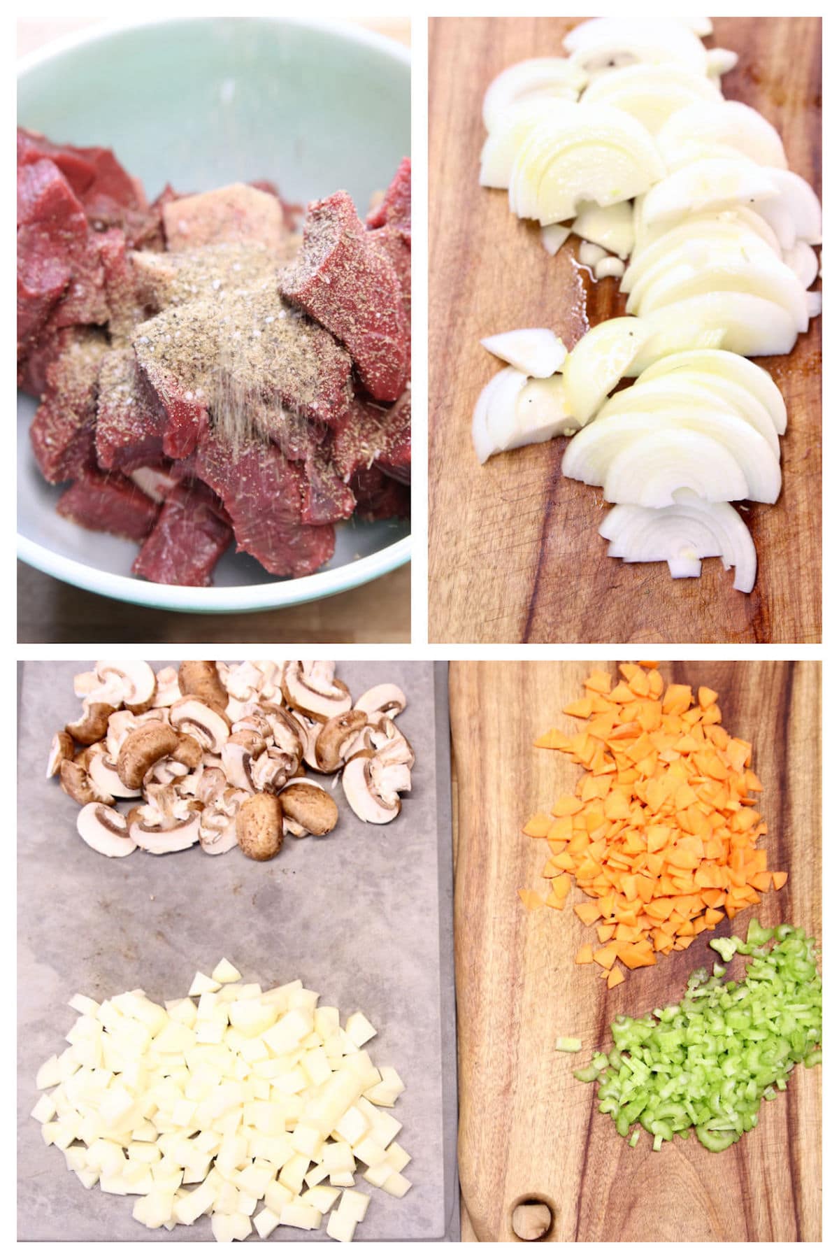 Prepping ingredients for steak pot pie.