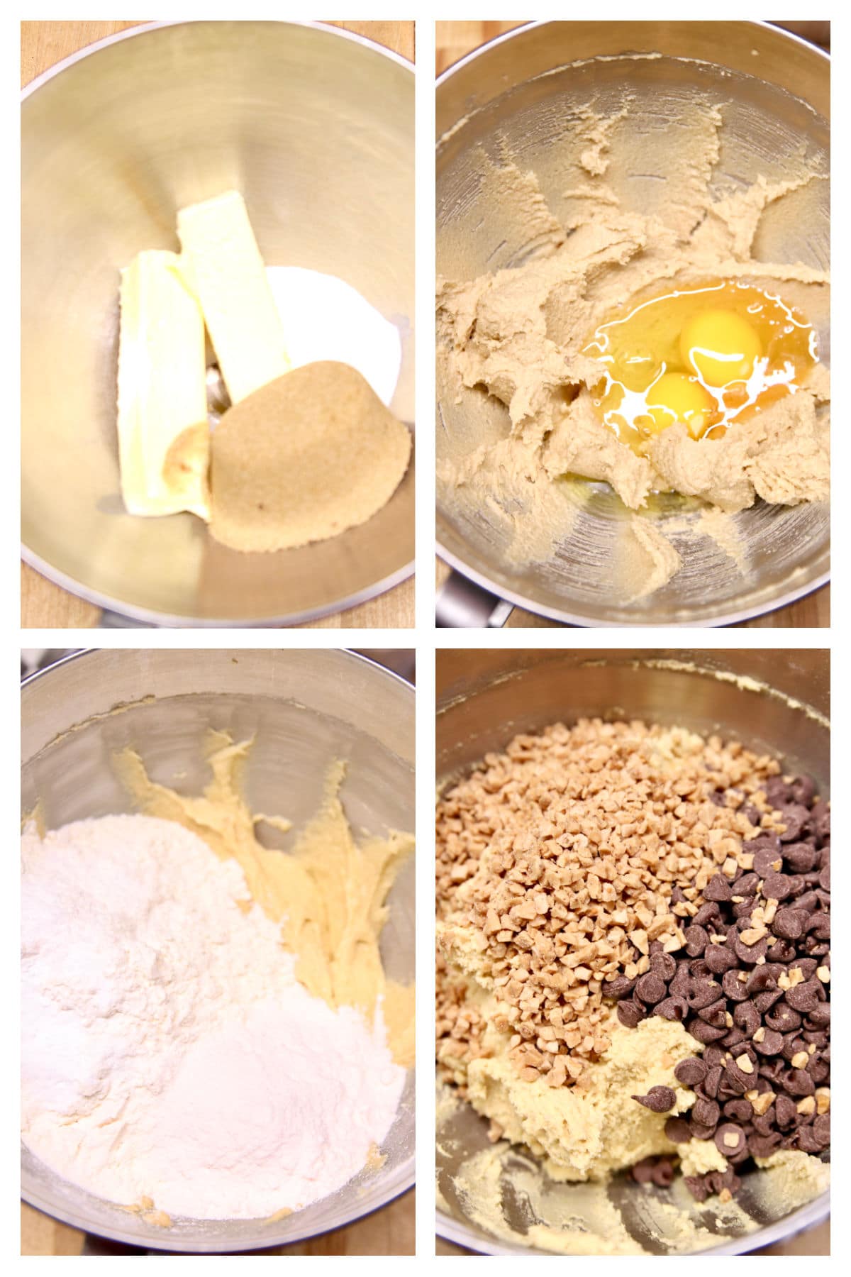 Collage making cookie dough with chocolate chips and toffee bits.