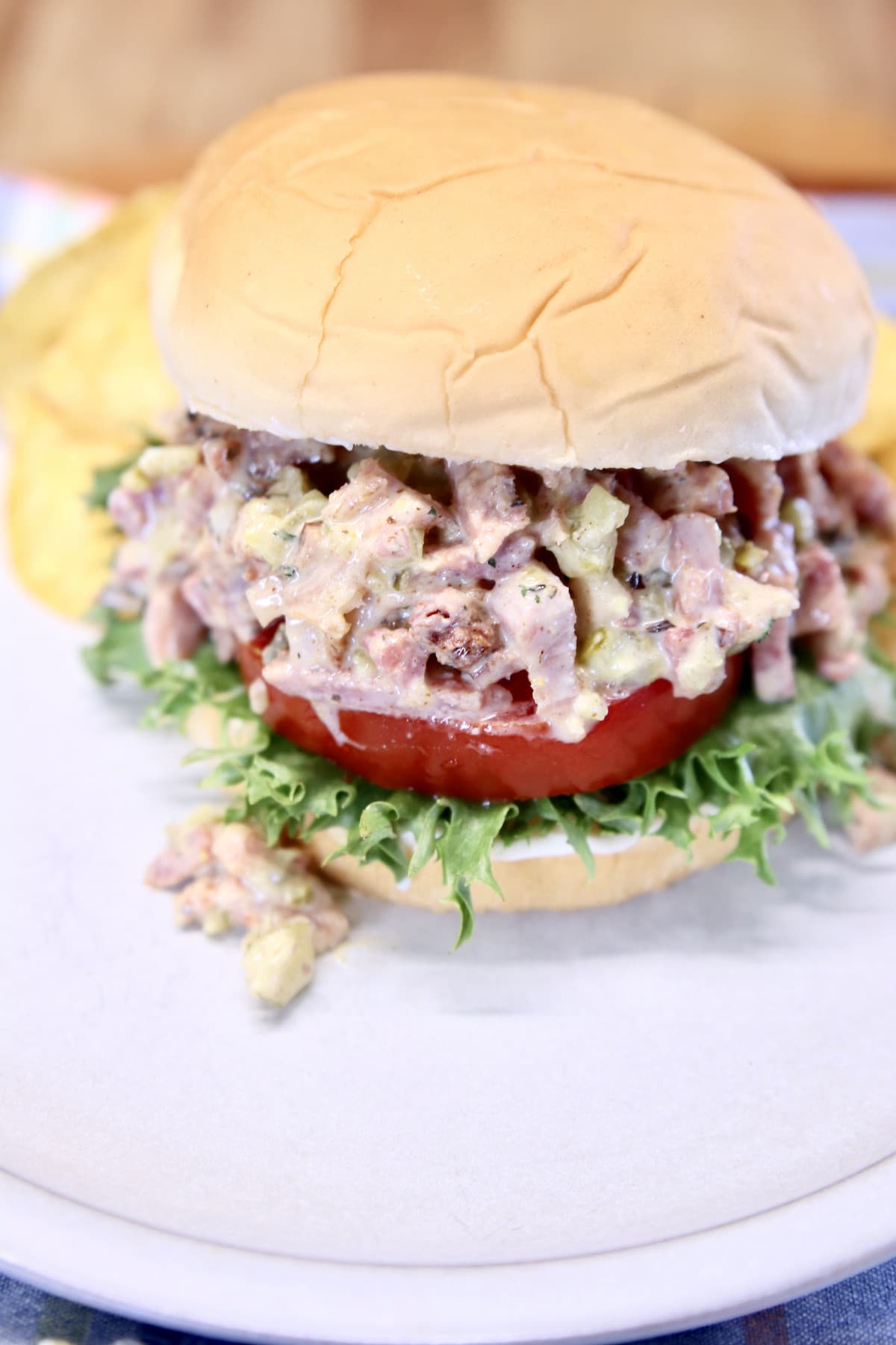 Ham Salad Sandwiches with tomato and lettuce.