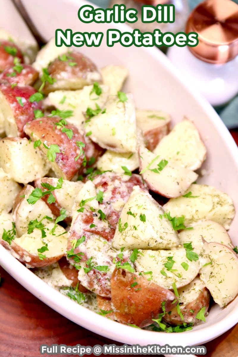 dish of potatoes -text overlay.