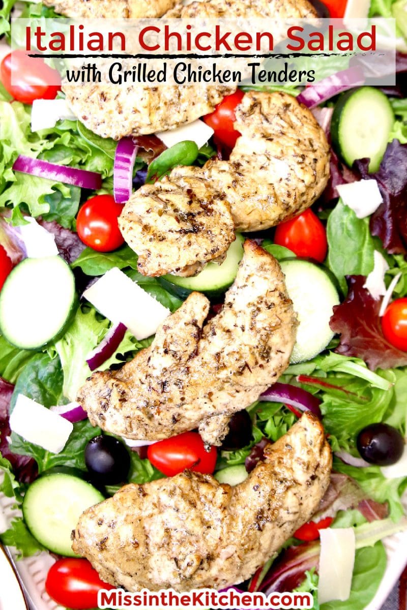 Chicken tenders over salad - text overlay.
