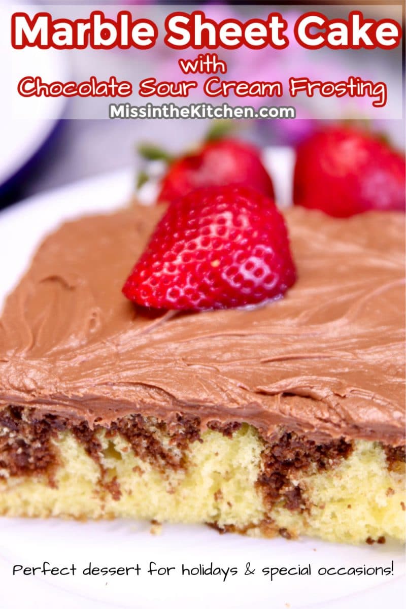 Marble Sheet Cake with chocolate frosting - text overlay.