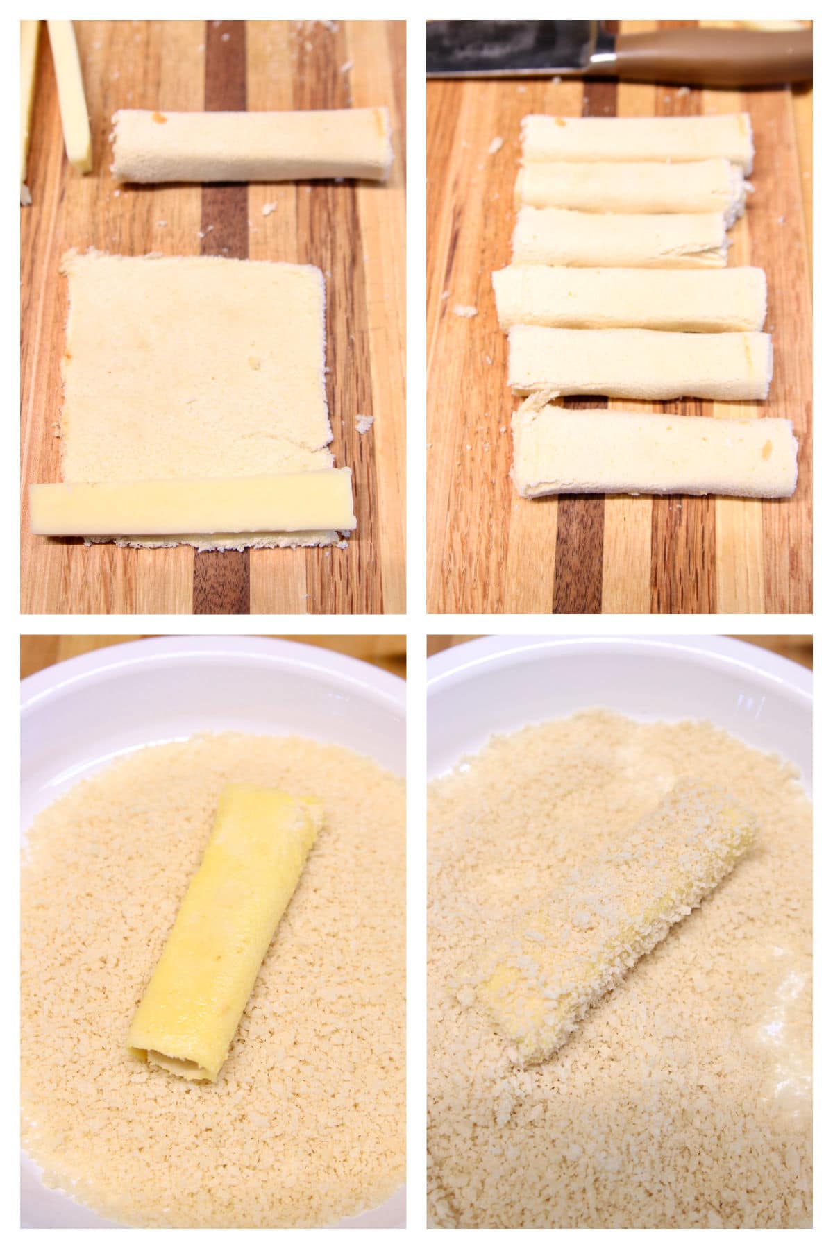 Making mozzarella grilled cheese sticks with bread slices and panko.