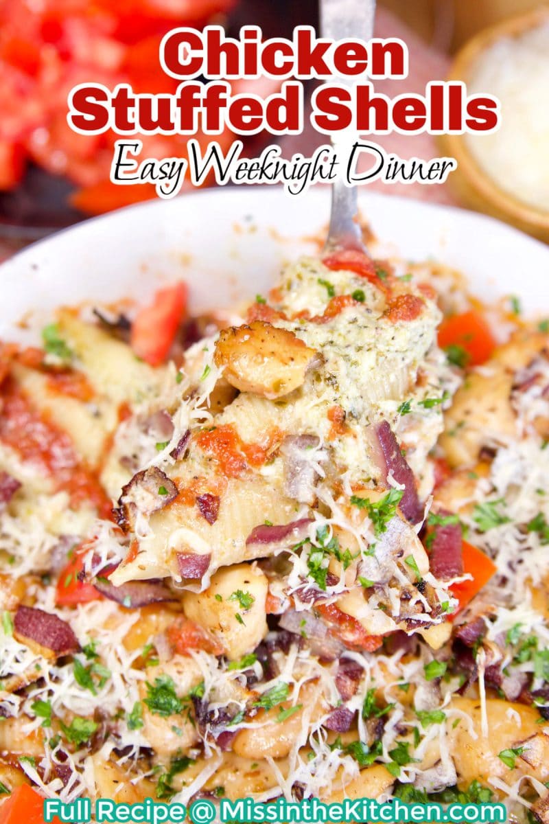 Chicken Stuffed Shells on a spoon- text overlay.